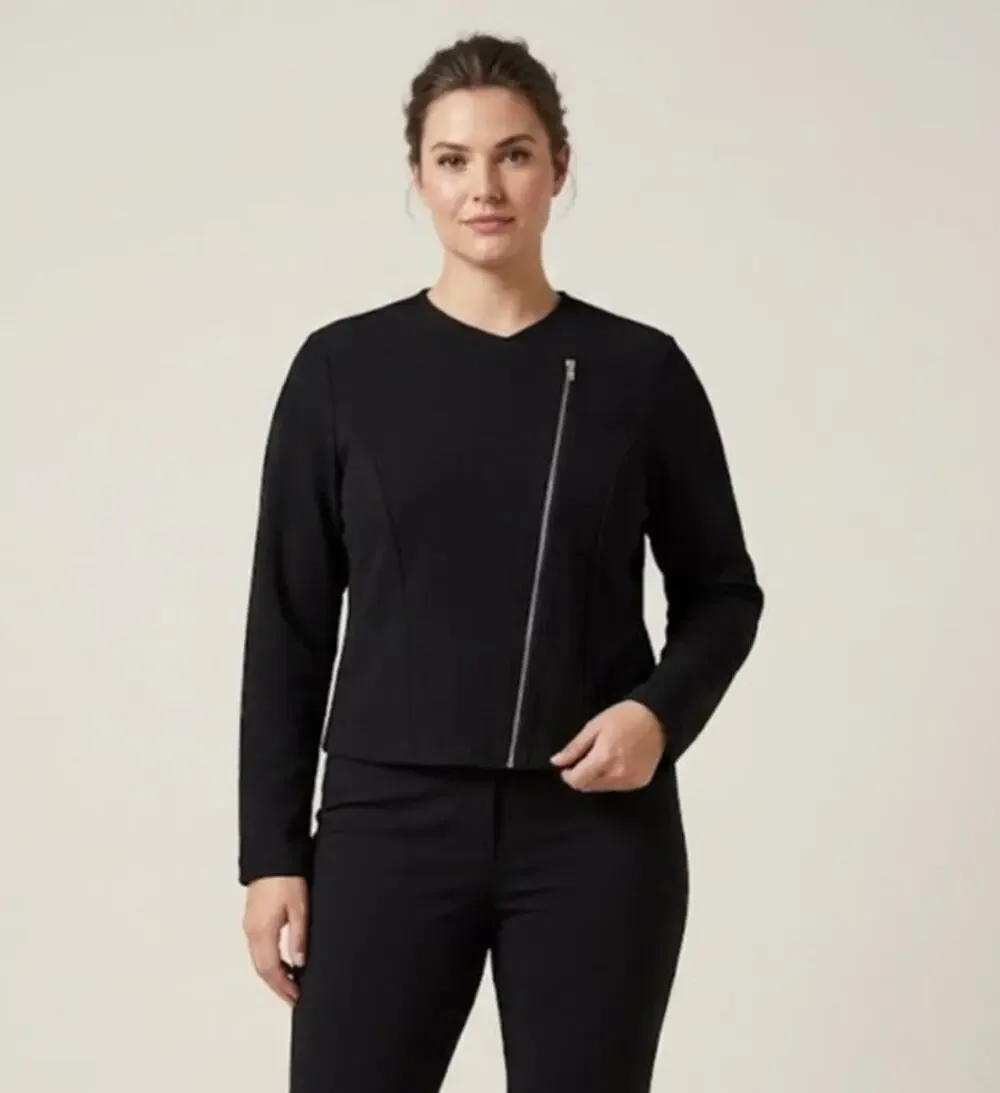 Women's Black Moto Jacket Minimalist Diagonal Silver Full Zip Cropped Size 1XL